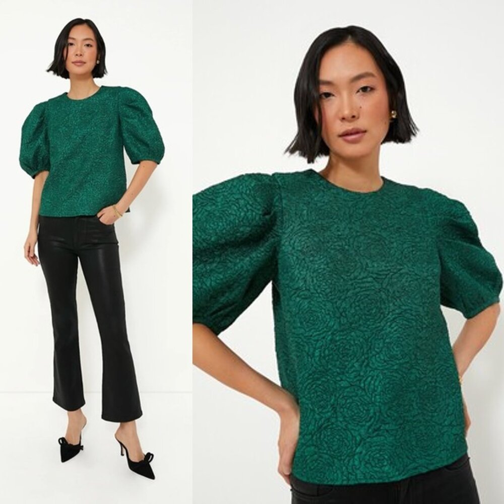 Hyacinth House NEW Green Jacquard Floral Puff Sleeve Noelle Blouse Size XS - Picture 2 of 9